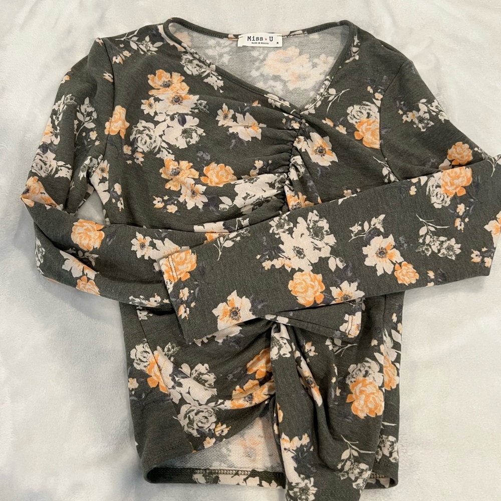 Miss U Floral Wrap Top - Gray and Orange